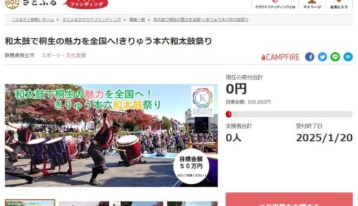 群馬県桐生市とさとふる、全国から和太鼓奏者が集う「きりゅう本六和太鼓祭り」の開催と、イベントを通した市の魅力発信のため、寄付受け付けを開始