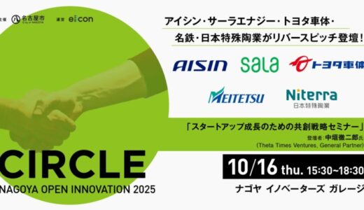 【 名古屋市 × eiicon 】スタートアップと事業会社等の共創促進プログラム『CIRCLE』にてリバースピッチイベント開催。アイシン・サーラエナジー・トヨタ車体・名鉄・日本特殊陶業が登壇！
