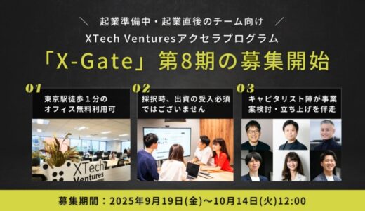 東京駅徒歩1分のオフィス利用可！事業立ち上げに向き合うアクセラプログラム『X-Gate』第8期生の募集を開始